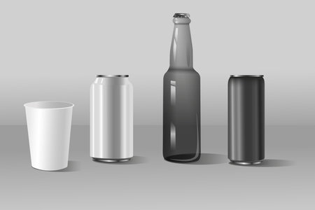 A collection of beverage containers mockups in realistic 3d design. Black and white image with plastic cup, glass bottle and soda tin cans on gray background. Vector illustration.のイラスト素材