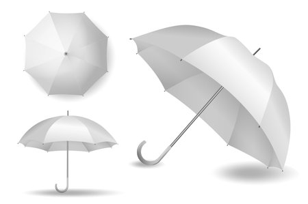 A collection of umbrellas mockups in realistic 3d design. Black and white image with a light umbrella from different angles, which is a blank for prints, on a white background. Vector illustration.のイラスト素材
