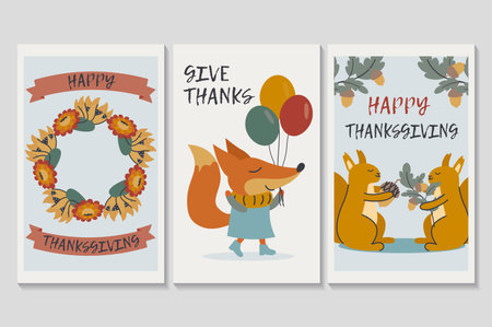 Happy Thanksgiving day set of posters in flat cartoon design. Three posters featuring pumpkins and animals holding various fall elements match perfectly together. Vector illustration.のイラスト素材