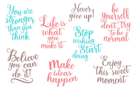 Set of stickers Calligraphic text in flat cartoon design. This image contains motivational and inspirational phrases written in calligraphic font and in pastel colors. Vector illustration.のイラスト素材