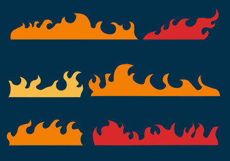 Retro style fire set in flat cartoon design. This lovely illustration features a collection of fire silhouettes drawn in a nice retro style. Vector illustration.のイラスト素材