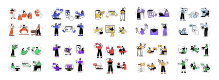 Mega set of simple linear concepts with people scene in flat cartoon design. The set of illustrations are done in different colors and cover a variety of topics. Vector illustration.のイラスト素材
