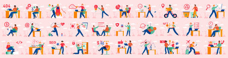 Bundle of pink concepts with people scene in flat cartoon design. A huge selection of colorful illustrations with scenes with men and women on various topics. Vector illustration.のイラスト素材
