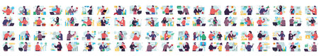 Bundle of color concepts with people scene in flat cartoon design. A big collection of scenes with men and women in various situations. Vector illustration.のイラスト素材