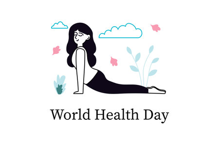 World Health Day linear concept with people scene in the flat cartoon style. A woman practicing yoga outdoors, celebrating global health awareness through exercise. Vector illustration.のイラスト素材