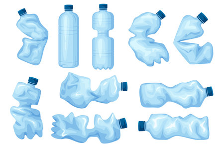 Set of crumpled bottles in flat cartoon design. The image shows a variety of plastic bottles at different stages of their use and recycling process. Vector illustration.のイラスト素材