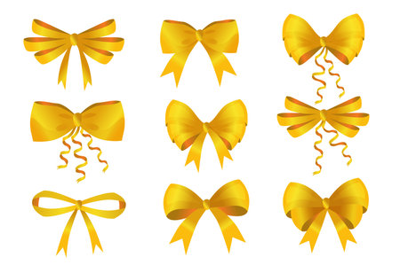Set of golden bows in flat cartoon design. This image shows nine different yellow bows, each with a unique design and shape painted in yellow on a white background. Vector illustration.のイラスト素材