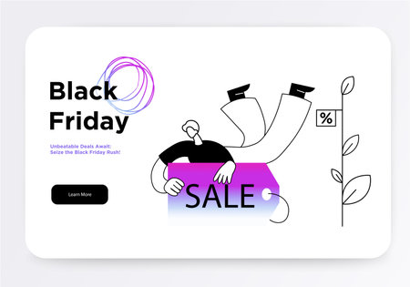 A colorful graphic promoting a Black Friday sale with a person holding a sale. Vector illustrationのイラスト素材