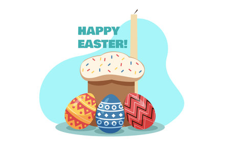 A festive Easter scene featuring a decorated cake and colorful eggs with various patterns. Vector illustrationのイラスト素材