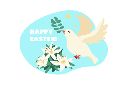A dove flying with a branch and surrounded by flowers on a light blue background. Happy Easter text is prominently displayed. Vector illustrationのイラスト素材