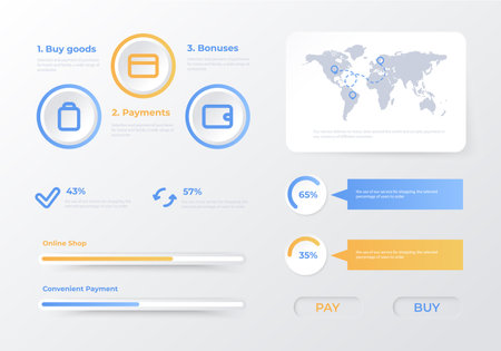 An infographic that illustrates payment options and statistics on a world map. Vector illustrationのイラスト素材