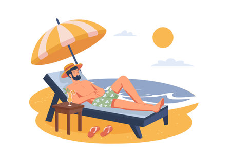 A man is lounging on a beach chair under an umbrella enjoying a drink by the sea. Vector illustrationのイラスト素材