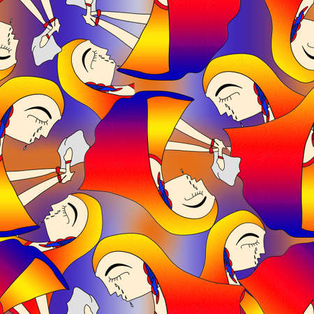 indian lady wiping her tears artwork  seamless patternの写真素材