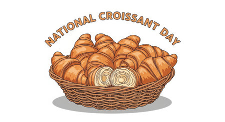 A woven basket overflowing with golden brown croissants, with two croissants sliced in half to reveal their flaky interior, celebrating national croissant dayの素材
