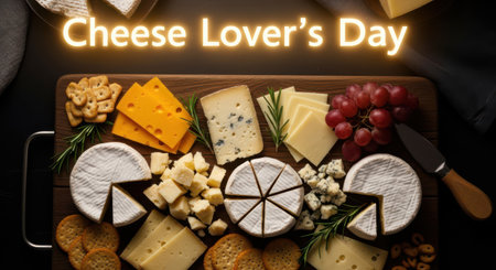 A delicious cheese board featuring a variety of cheeses, crackers, and grapes, perfect for celebrating cheese lovers day with friends and familyの素材