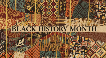 Black history month text overlay on a vibrant, colorful collage of africaninspired patterns and texturesの素材
