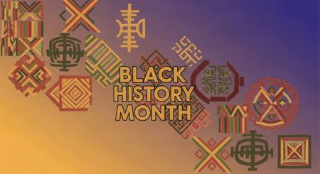 Black history month text surrounded by various african symbols and patterns on a gradient backgroundの素材