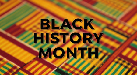 Black history month text overlayed on a vibrant, colorful kente cloth pattern, celebrating African heritage and cultureの素材