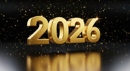 Golden 3d numbers 2026 with sparkling confetti and reflections on a dark background, representing the new year celebration and futureの素材