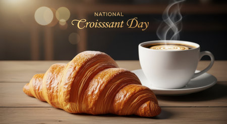 National croissant day celebration with a freshly baked croissant and a steaming cup of coffee on a wooden table, evoking warmth and deliciousnessの素材