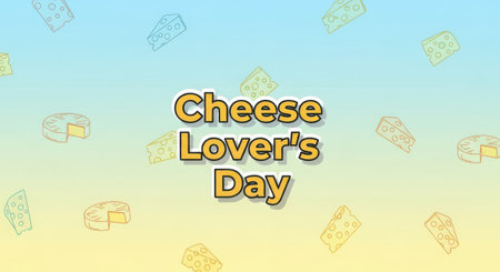 Happy cheese lovers day greeting with scattered cheese illustrations on a soft blue and yellow gradient backgroundの素材