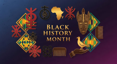 A vibrant graphic celebrating black history month with African symbols, the map of Africa, and a dove, conveying a message of heritage, culture, and peaceの素材