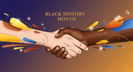 Black history month concept with diverse hands shaking in unity and colorful abstract elementsの素材