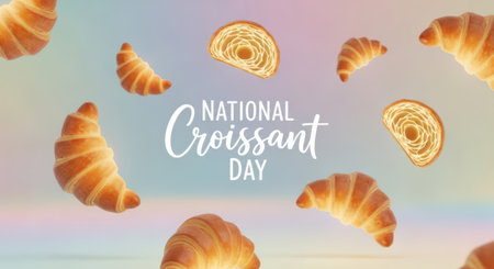 National croissant day text with realistic croissants and pastry slices floating on a pastel gradient backgroundの素材
