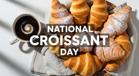 National croissant day text over a basket filled with freshly baked croissants dusted with powdered sugar, next to a cup of coffeeの素材