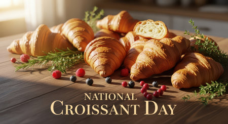 Delicious golden brown croissants artfully arranged with berries and herbs on a wooden table for national croissant dayの素材