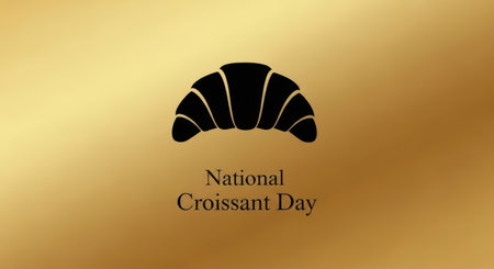 A minimalist graphic representing national croissant day with a black croissant silhouette on a golden backgroundの素材