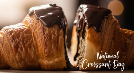 Delicious chocolate croissants with glaze, celebrating national croissant day with a festive and tempting pastry treatの素材