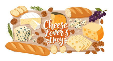 Assortment of delicious cheeses, bread, nuts, and grapes arranged on a wooden board for cheese lovers day celebrationの素材