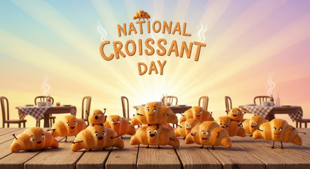 National croissant day celebration with anthropomorphic croissants enjoying a sunny day at outdoor cafe tablesの素材
