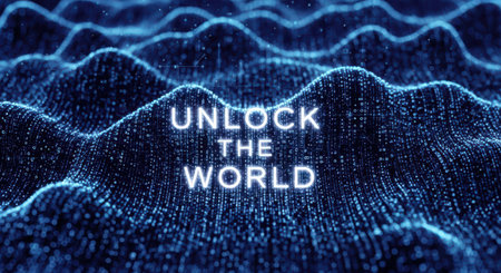 Abstract digital landscape with glowing blue particles forming waves and the text unlock the world in the center, representing innovation and global connectionの素材