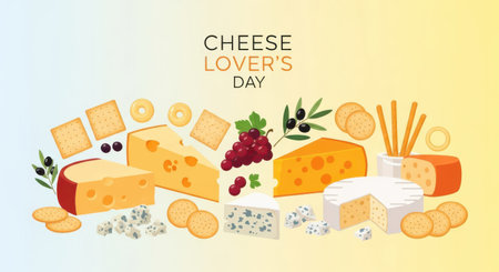 Assortment of cheese types, crackers, olives, and grapes for cheese lovers dayの素材