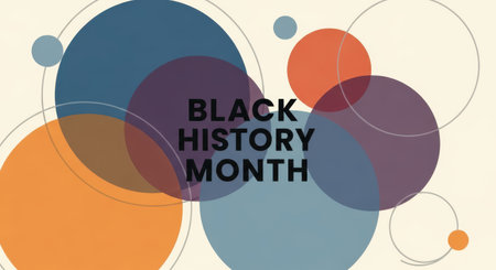 Abstract geometric design with overlapping circles in blue, orange, and purple, representing black history month and its vibrant legacyの素材