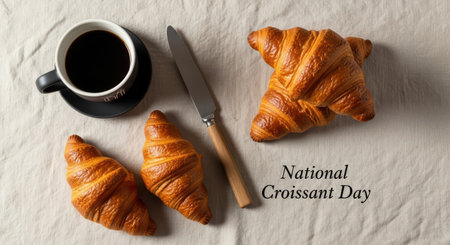 Two golden croissants and a cup of black coffee sit on a textured linen tablecloth, celebrating national croissant dayの素材