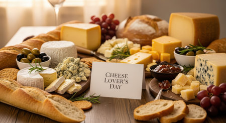 A delightful spread of various cheeses, bread, olives, and grapes, perfect for cheese lovers day celebrationの素材