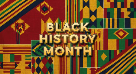 Bold black history month text set against a dynamic collage of traditional African textile patterns in warm, earthy tonesの素材