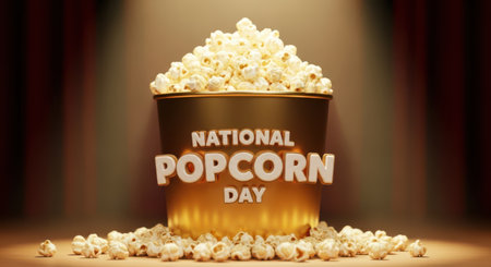 National popcorn day celebration with an overflowing bucket of popcorn and scattered kernelsの素材