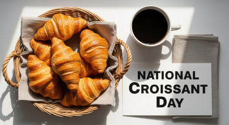 Basket of golden croissants and a cup of black coffee on a white table for national croissant dayの素材