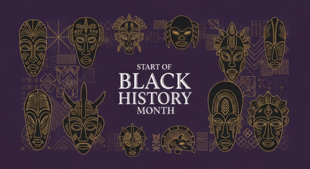 Start of black history month celebrated with a collection of African masks and intricate golden patterns on a deep purple backgroundの素材