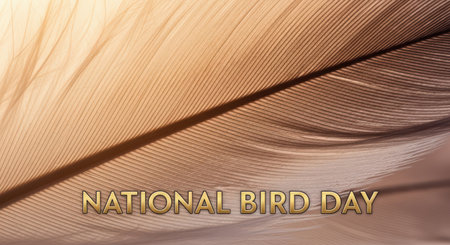 Closeup of a soft feather with the words national bird day embossed in gold, symbolizing nature and celebrationの素材