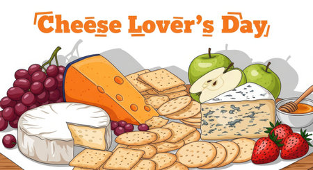 A vibrant illustration for cheese lovers day, showing a variety of cheeses, crackers, grapes, strawberries, and applesの素材