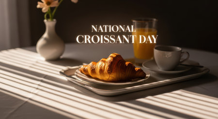 Delicious golden brown croissant served with a cup of coffee and orange juice on a tray, perfect for national croissant dayの素材