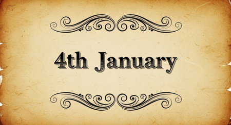 Vintage parchment background with decorative swirls framing the text 4th January, suggesting a historical date or eventの素材