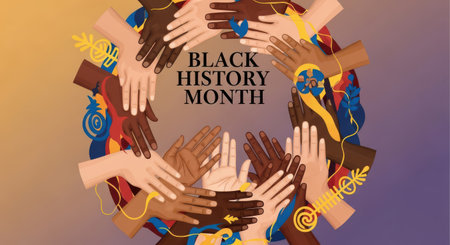 A diverse group of hands of different skin tones forming a circle with the text black history month in the center, symbolizing unity and celebrationの素材