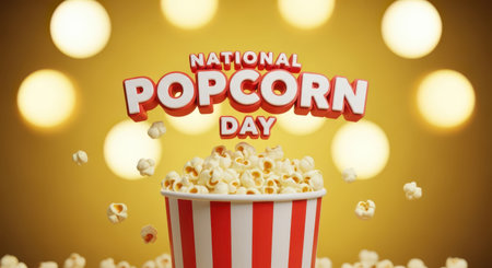 National popcorn day celebration with a bucket of popcorn and scattered kernels against a bright yellow bokeh background, perfect for movie nights and snack eventsの素材