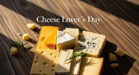 Assortment of delicious cheeses, including cheddar, swiss, and blue cheese, arranged on a wooden table with rosemary for cheese lovers dayの素材